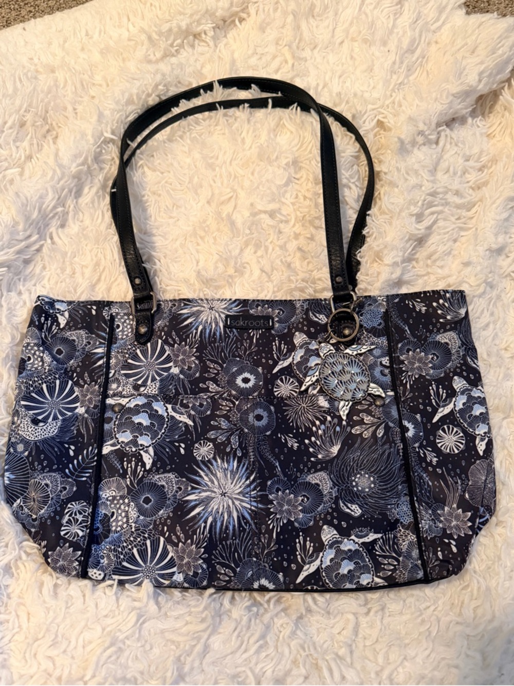 Sakroots Navy and White Floral Tote with Black Straps